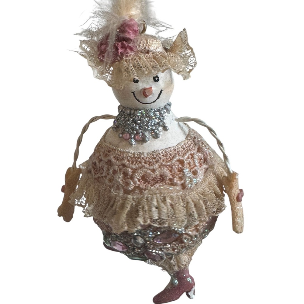 Vintage Style Shabby Chic Snowman Christmas‎ Ornament Lace Glitter Pink 6 Inch